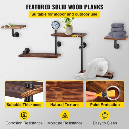 Rustic Industrial Pipe Shelves, Wall Mounted Floating Shelf with Wood Planks, DIY Bookshelf for Farmhouse, Kitchen