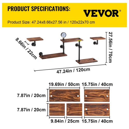 Rustic Industrial Pipe Shelves, Wall Mounted Floating Shelf with Wood Planks, DIY Bookshelf for Farmhouse, Kitchen