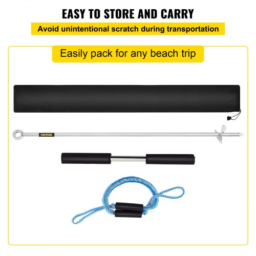 Stainless Steel Sand Anchor Auger, Removable Handle, Bungee Line & Carry Bag, Secure Jet Ski, Pontoon, PWC
