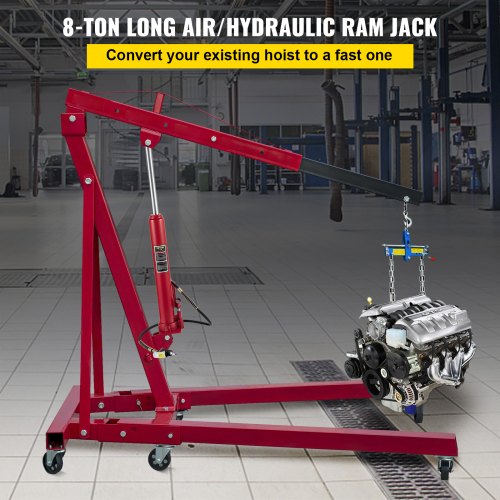 Hydraulic/Pneumatic Long Ram Jack with Single Piston Pump & Clevis Base, Engine Hoist Cherry Picker for Garage/Shop