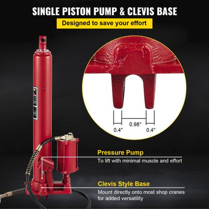 Hydraulic/Pneumatic Long Ram Jack with Single Piston Pump & Clevis Base, Engine Hoist Cherry Picker for Garage/Shop