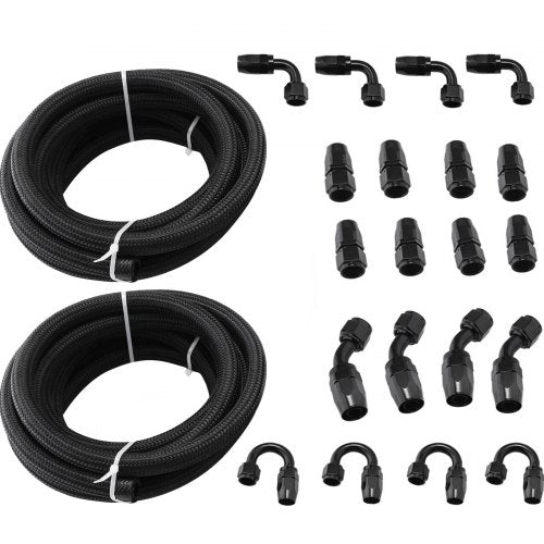 8AN Fuel Line Kit, 20 Pcs 8AN Fuel Hose Kit with 32.8Ft BK Nylon Stainless Steel Braided Oil Line Hose