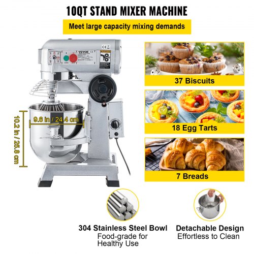 10Qt Commercial Mixer 850W HeavyDuty Stand Mixer With Stainless Steel Bowl 3 Speeds  Dough Hook 3