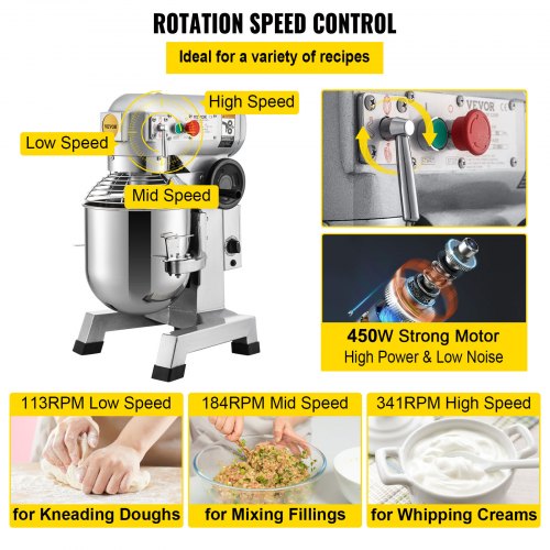 10Qt Commercial Mixer 850W HeavyDuty Stand Mixer With Stainless Steel Bowl 3 Speeds  Dough Hook 4