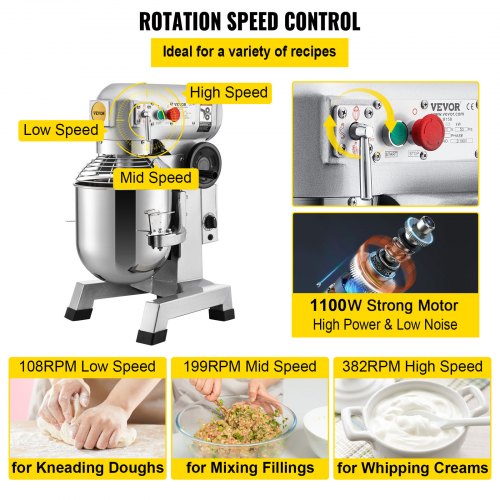 30Qt Commercial Mixer 1100W HeavyDuty Stand Mixer With Stainless Steel Bowl 3 Speeds 108199382 RPM 4