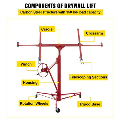11ft Sheetrock Lift Drywall Lift 150lb Weight Capacity Panel Hoist Jack Tool W Telescopic Arm  3 Lo 6