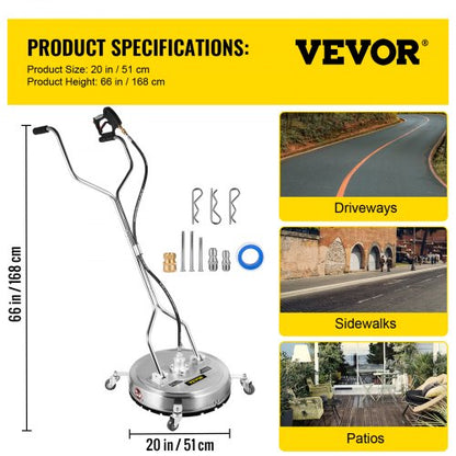 20" 4000 PSI Pressure Washer Surface Cleaner, Stainless Steel Frame w/Rotating Dual Handle & Wheels