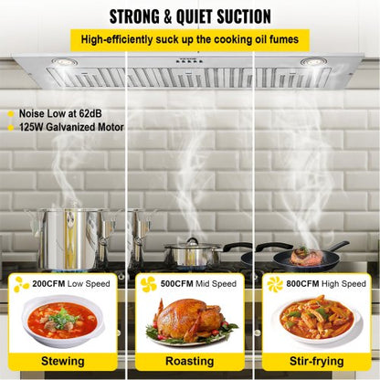 Stainless Steel Insert Range Hood Speed Built-in Kitchen Vent with Push Button Control, LED Lighting, Baffle Filters
