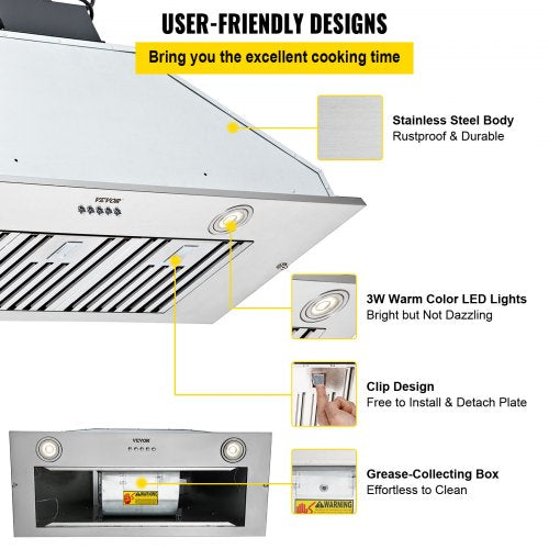 Stainless Steel Insert Range Hood Speed Built-in Kitchen Vent with Push Button Control, LED Lighting, Baffle Filters