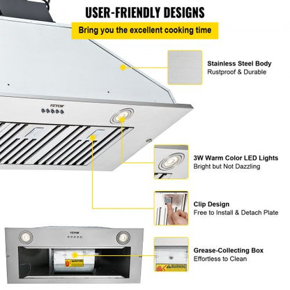 Stainless Steel Insert Range Hood Speed Built-in Kitchen Vent with Push Button Control, LED Lighting, Baffle Filters