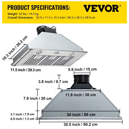 Stainless Steel Insert Range Hood Speed Built-in Kitchen Vent with Push Button Control, LED Lighting, Baffle Filters