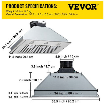 Stainless Steel Insert Range Hood Speed Built-in Kitchen Vent with Push Button Control, LED Lighting, Baffle Filters