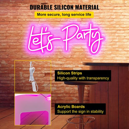 Adjustable Pink Let's Party Neon Sign with Remote, LED Wall Decor Light for Wedding, Celebration, Bar, Cafe & Home