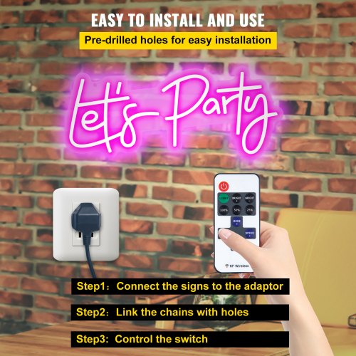Adjustable Pink Let's Party Neon Sign with Remote, LED Wall Decor Light for Wedding, Celebration, Bar, Cafe & Home