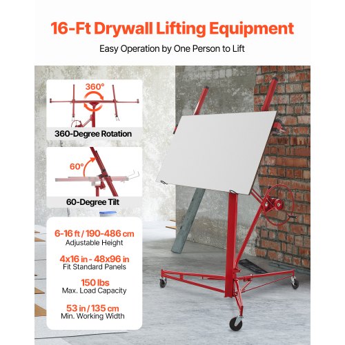 Drywall Rolling Lifter Panel Hoist, Sheetrock Lift, Steel Material w/Telescopic Arm & Lockable Wheels