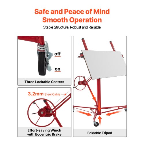 Drywall Rolling Lifter Panel Hoist, Sheetrock Lift, Steel Material w/Telescopic Arm & Lockable Wheels