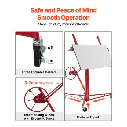 Drywall Rolling Lifter Panel Hoist, Sheetrock Lift, Steel Material w/Telescopic Arm & Lockable Wheels