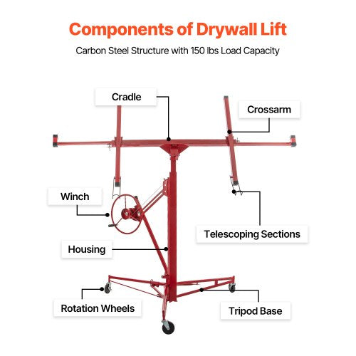 Drywall Rolling Lifter Panel Hoist, Sheetrock Lift, Steel Material w/Telescopic Arm & Lockable Wheels
