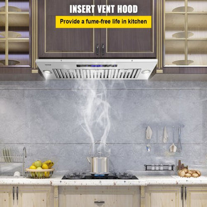 Insert Range Hood, Speed Stainless Steel Built-in Kitchen Vent with Touch & Remote Control, LED Lighting, Baffle Filters