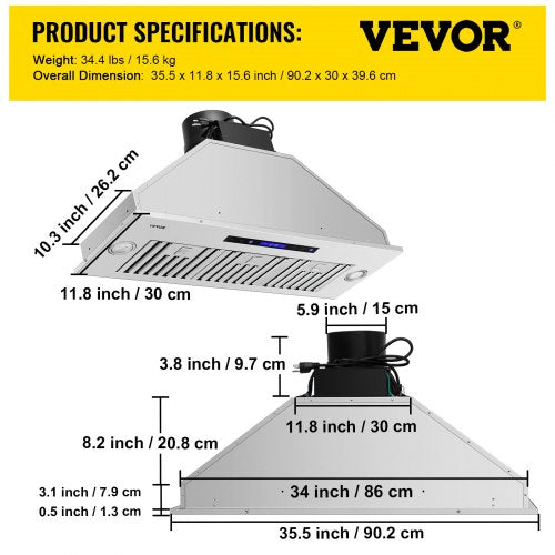Insert Range Hood, Speed Stainless Steel Built-in Kitchen Vent with Touch & Remote Control, LED Lighting, Baffle Filters