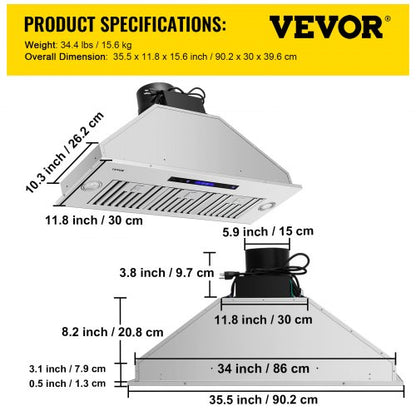 Insert Range Hood, Speed Stainless Steel Built-in Kitchen Vent with Touch & Remote Control, LED Lighting, Baffle Filters