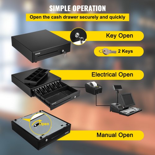 Professional Cash Register Drawer for POS System, Bill Coin Tray, Removable Coin Compartments, Dual Keys for Supermarket
