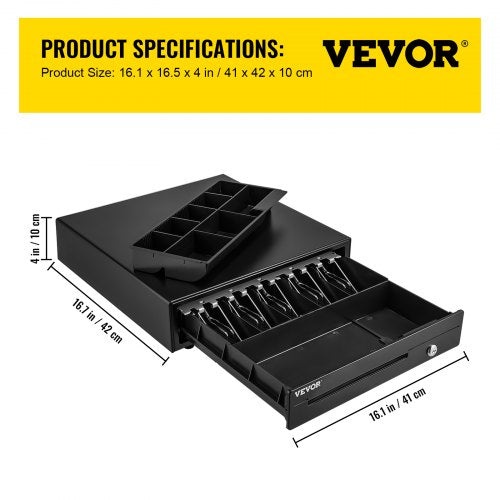 Professional Cash Register Drawer for POS System, Bill Coin Tray, Removable Coin Compartments, Dual Keys for Supermarket