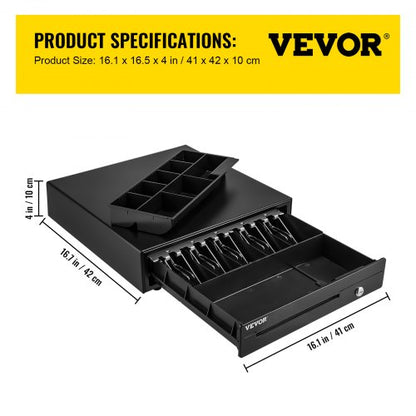 Professional Cash Register Drawer for POS System, Bill Coin Tray, Removable Coin Compartments, Dual Keys for Supermarket