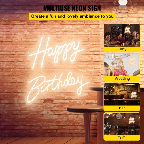 LED Happy Birthday Neon Sign, Adjustable Brightness, Warm White Light with Dimmer Switch, Reusable Party & Event