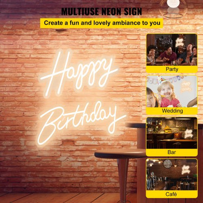 LED Happy Birthday Neon Sign, Adjustable Brightness, Warm White Light with Dimmer Switch, Reusable Party & Event