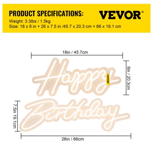 LED Happy Birthday Neon Sign, Adjustable Brightness, Warm White Light with Dimmer Switch, Reusable Party & Event