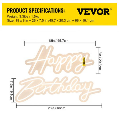 LED Happy Birthday Neon Sign, Adjustable Brightness, Warm White Light with Dimmer Switch, Reusable Party & Event