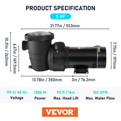 Swimming Pool Pump, High-Performance Single Speed Pump for Above Ground Pools with Strainer Basket & GP Max Flow