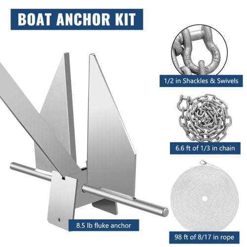 Boat Anchor Kit, Fluke Style Hot Dipped Galvanized Steel Anchor with Rope, Chain & Shackles for Boats Mooring