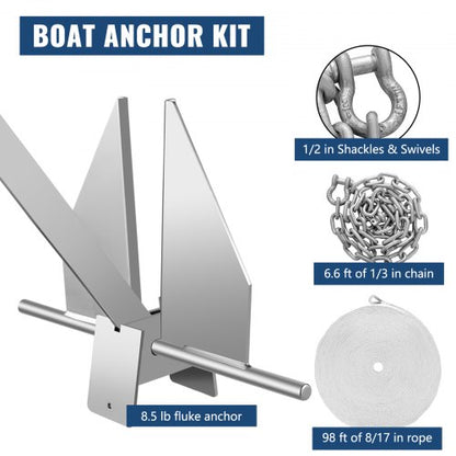 Boat Anchor Kit, Fluke Style Hot Dipped Galvanized Steel Anchor with Rope, Chain & Shackles for Boats Mooring