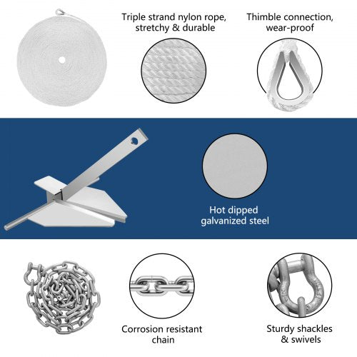 Boat Anchor Kit, Fluke Style Hot Dipped Galvanized Steel Anchor with Rope, Chain & Shackles for Boats Mooring