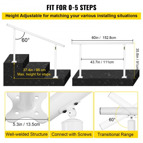 Outdoor Stair Railing Kit, Adjustable White Aluminum Handrails, Safety Stair Rail for Elderly, Porch & Garden