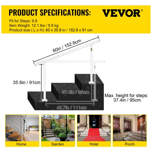 Outdoor Stair Railing Kit, Adjustable White Aluminum Handrails, Safety Stair Rail for Elderly, Porch & Garden