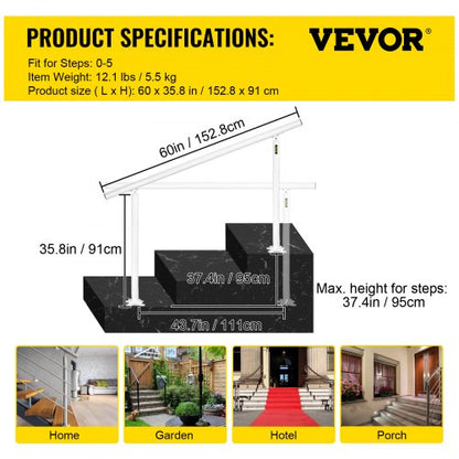 Outdoor Stair Railing Kit, Adjustable White Aluminum Handrails, Safety Stair Rail for Elderly, Porch & Garden
