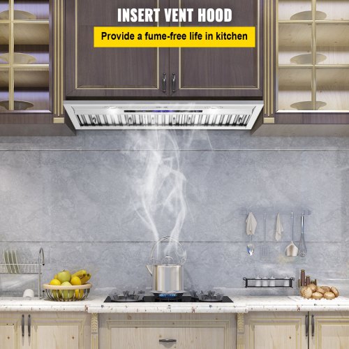 Stainless Steel Insert Range Hood Speed, Built-in Kitchen Vent with Touch Panel & Remote, LED Lights, Baffle Filters