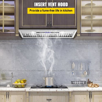 Stainless Steel Insert Range Hood Speed, Built-in Kitchen Vent with Touch Panel & Remote, LED Lights, Baffle Filters