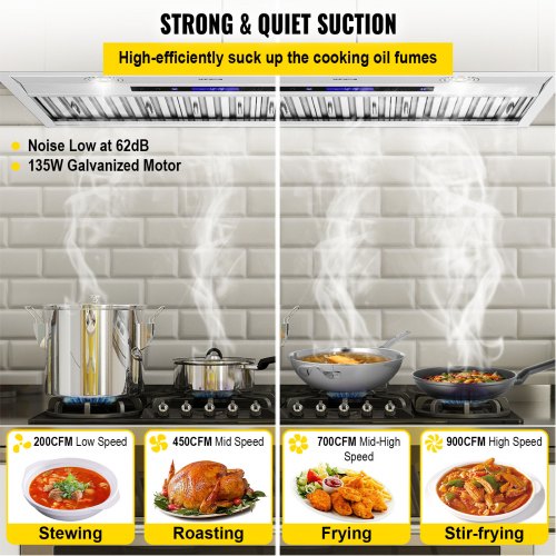 Stainless Steel Insert Range Hood Speed, Built-in Kitchen Vent with Touch Panel & Remote, LED Lights, Baffle Filters