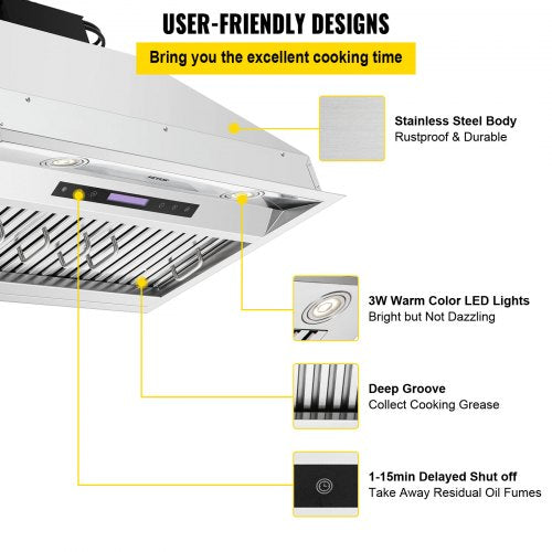 Stainless Steel Insert Range Hood Speed, Built-in Kitchen Vent with Touch Panel & Remote, LED Lights, Baffle Filters