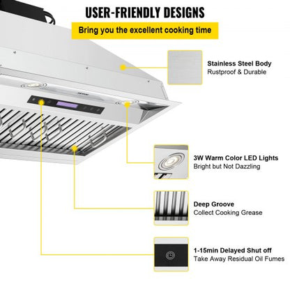 Stainless Steel Insert Range Hood Speed, Built-in Kitchen Vent with Touch Panel & Remote, LED Lights, Baffle Filters