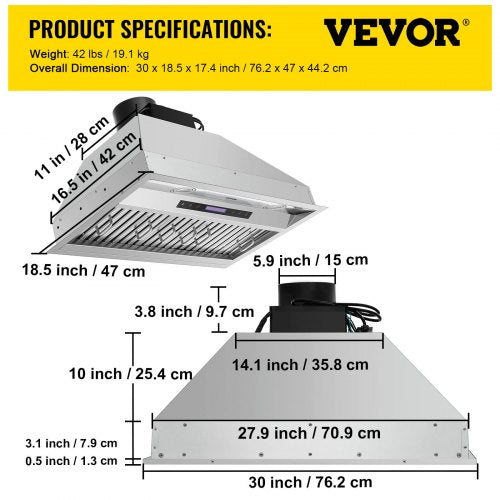 Stainless Steel Insert Range Hood Speed, Built-in Kitchen Vent with Touch Panel & Remote, LED Lights, Baffle Filters