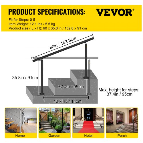 Outdoor Stair Railing Kit, Adjustable Handrail, Black Aluminum Stair Hand Rail for The Elderly & Indoor/Outdoor Safety