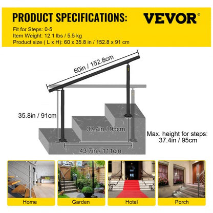 Outdoor Stair Railing Kit, Adjustable Handrail, Black Aluminum Stair Hand Rail for The Elderly & Indoor/Outdoor Safety