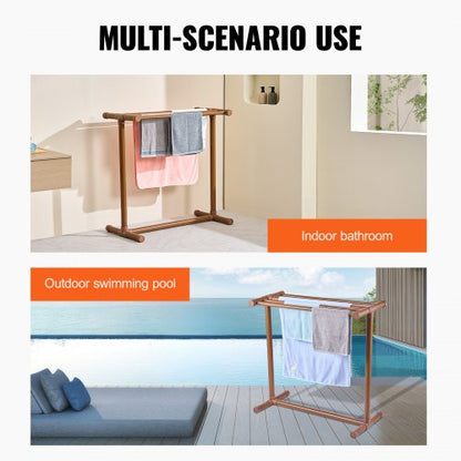Freestanding Outdoor Pool Towel Rack, Bar Brown PVC T-Shape Storage Organizer with Clips, Mesh Bag & Hook for Swimming