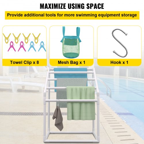 Pool Towel Rack Bar, Freestanding Outdoor PVC Trapezoidal Poolside Storage Organizer with Towel Clips, Mesh Bag & Hook