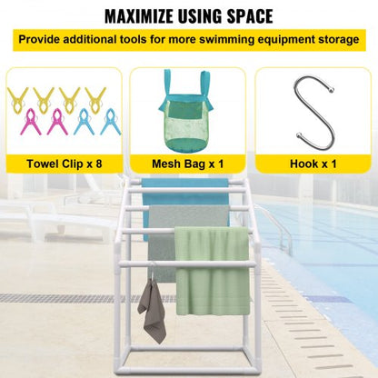 Pool Towel Rack Bar, Freestanding Outdoor PVC Trapezoidal Poolside Storage Organizer with Towel Clips, Mesh Bag & Hook